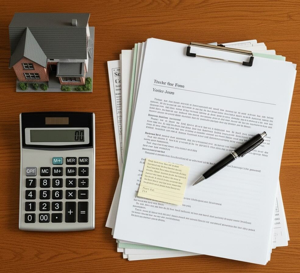 Model house miniature on wooden desk with real estate documents, calculator, and pen for property valuation in South Athens.